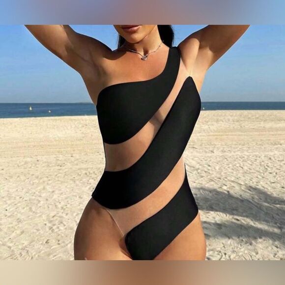 SHEIN Elegant Black One-Shoulder Swimsuit - Picture 1 of 2